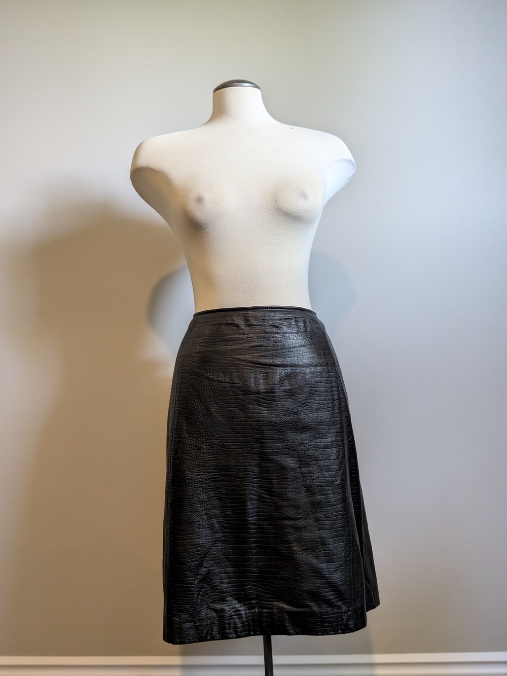 Black 100% Leather Midi Skirt Embossed Ralph Lauren